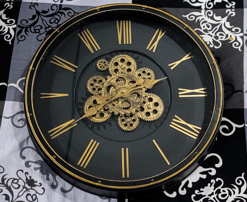 Black & Gold Steampunk Roman Wall Clock – Industrial Gear Design - Image 2