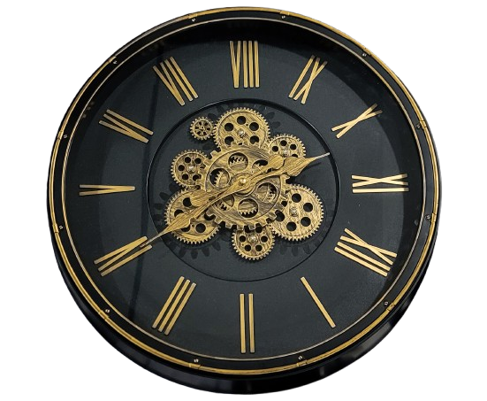 Black & Gold Steampunk Roman Wall Clock – Industrial Gear Design